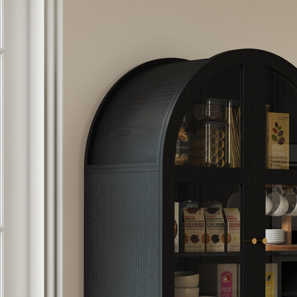 Arched Kitchen Pantry Cabinet, 71" Tall, Adjustable Shelves, Acrylic Doors, Black Kitchen Pantry Cabinets at Gallery Canada