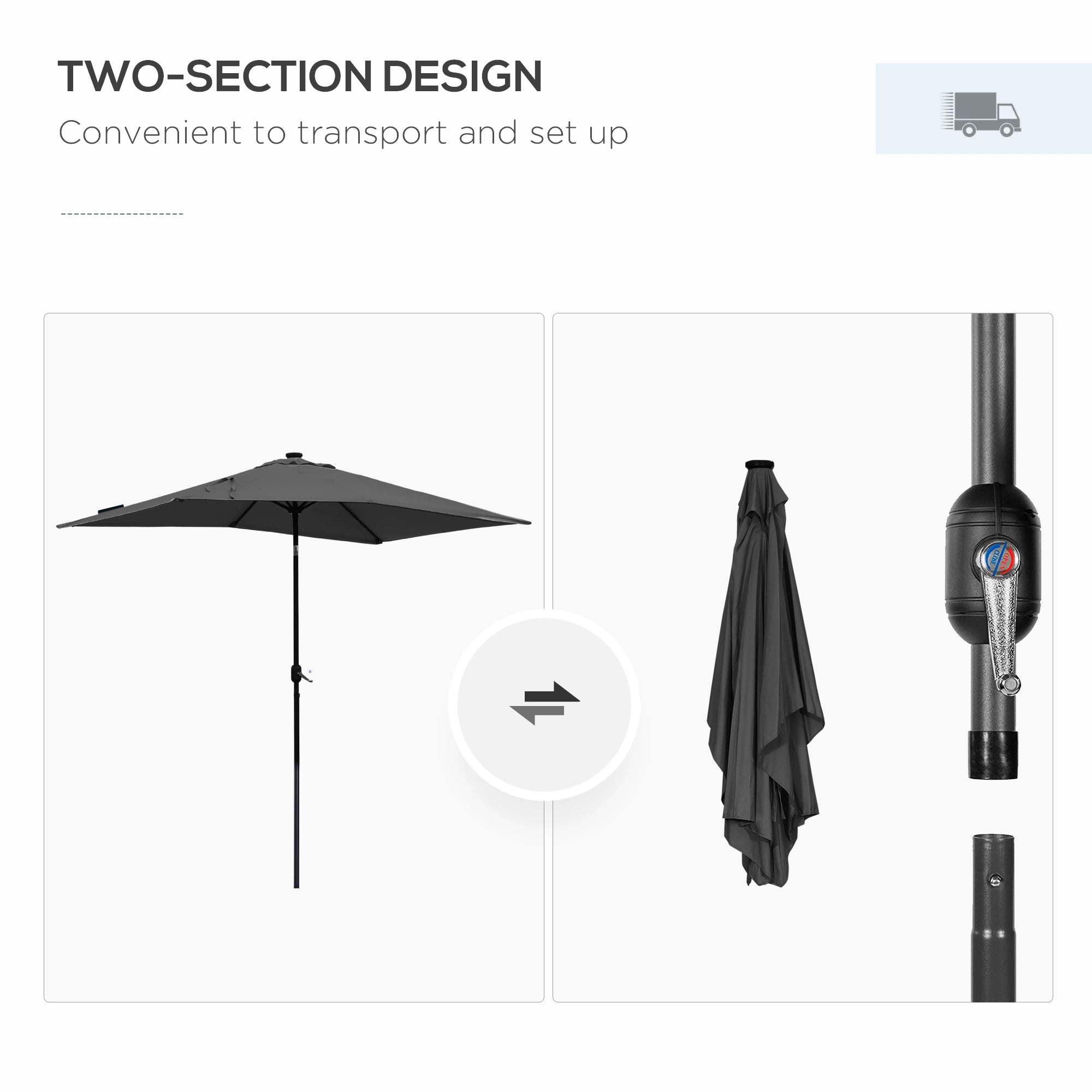 6' x 10' Rectangular Patio Umbrella, 22 LED Solar Lights, Tilt, Crank, Dark Grey Sun Umbrellas at Gallery Canada