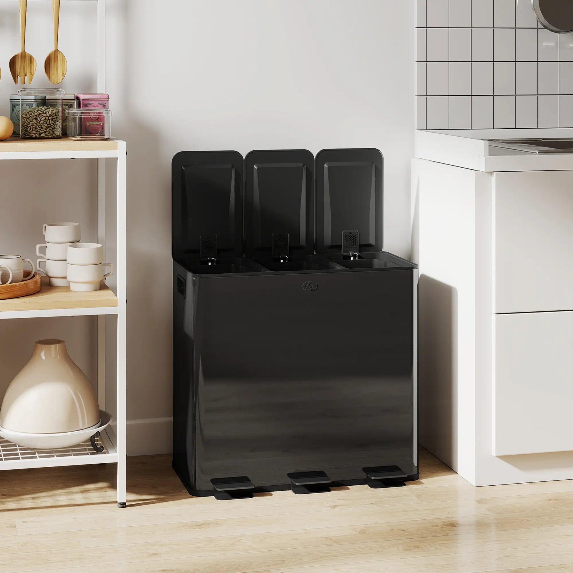 Triple Garbage Bin, Soft Close Trash Can, 3 x 20 Liter, Black Household Supplies at Gallery Canada