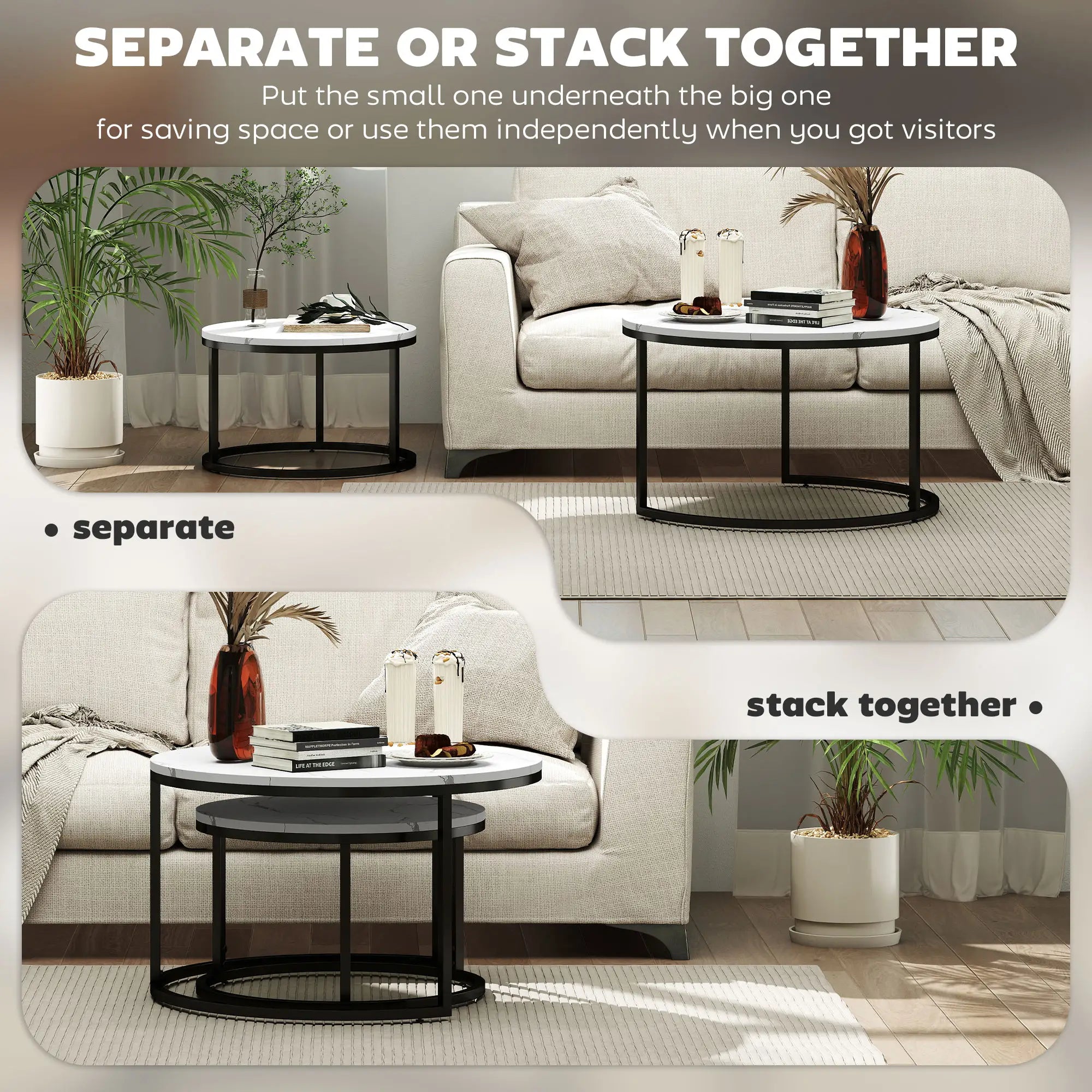 Modern Coffee Table Set of 2, Nesting Side Tables, Metal Base, Faux Marbled, White Coffee Tables at Gallery Canada