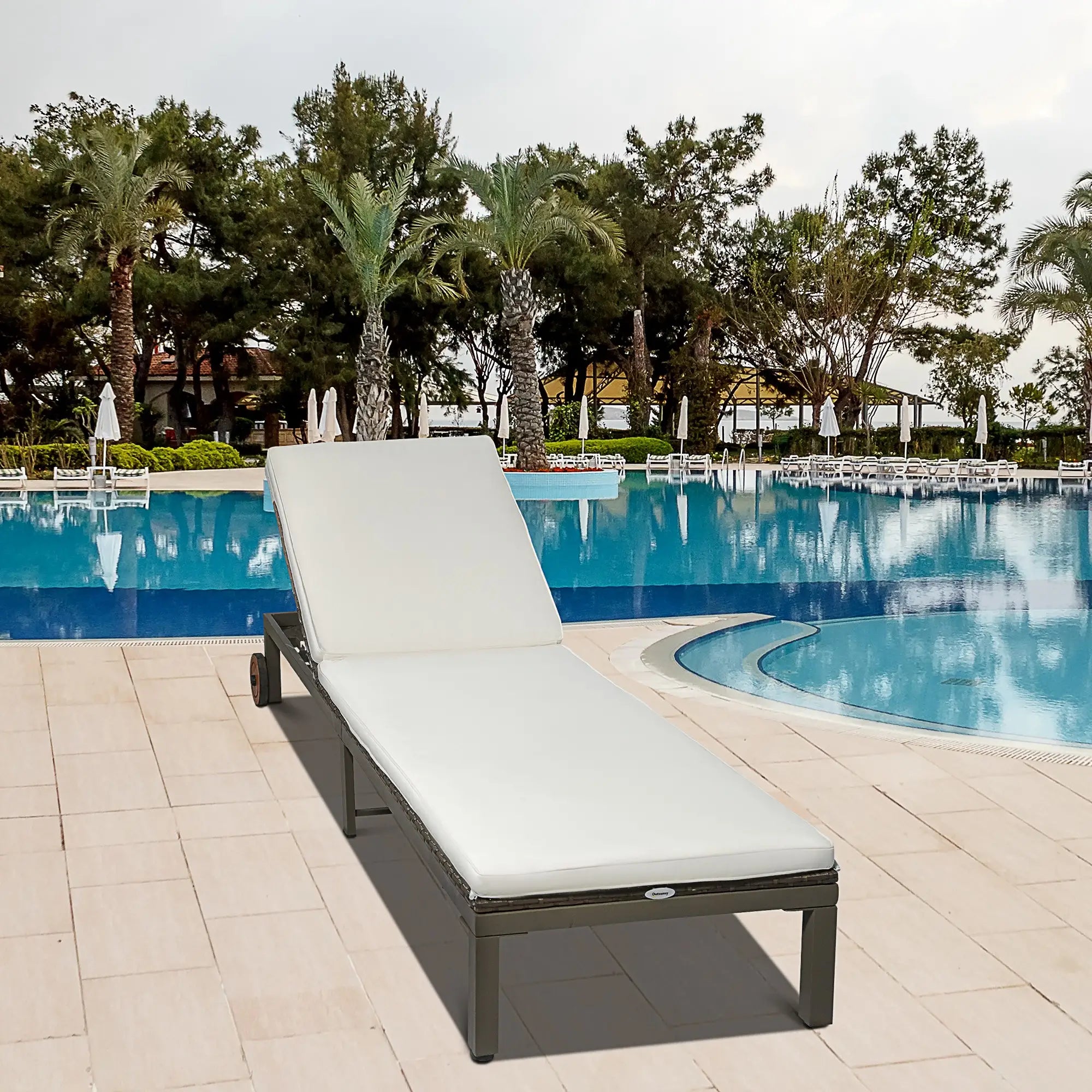 Rattan Sun Lounger, 4-Level Adjustable Backrest, Wheels, Cushion, Cream White Chaise Loungers at Gallery Canada