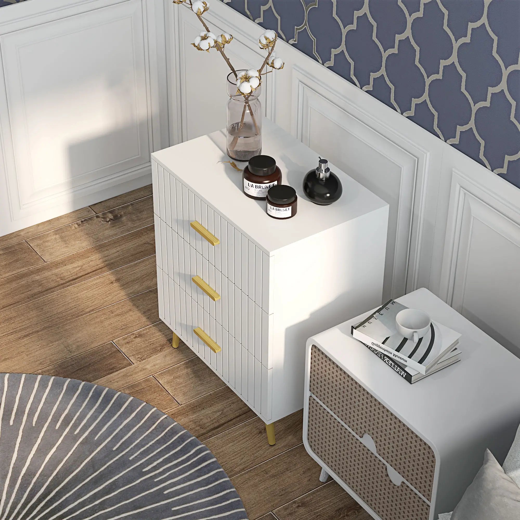 3 Drawer Cabinet, Bedroom Chest of Drawers, Aluminium Legs, Gold Handles, White Storage Cabinets at Gallery Canada