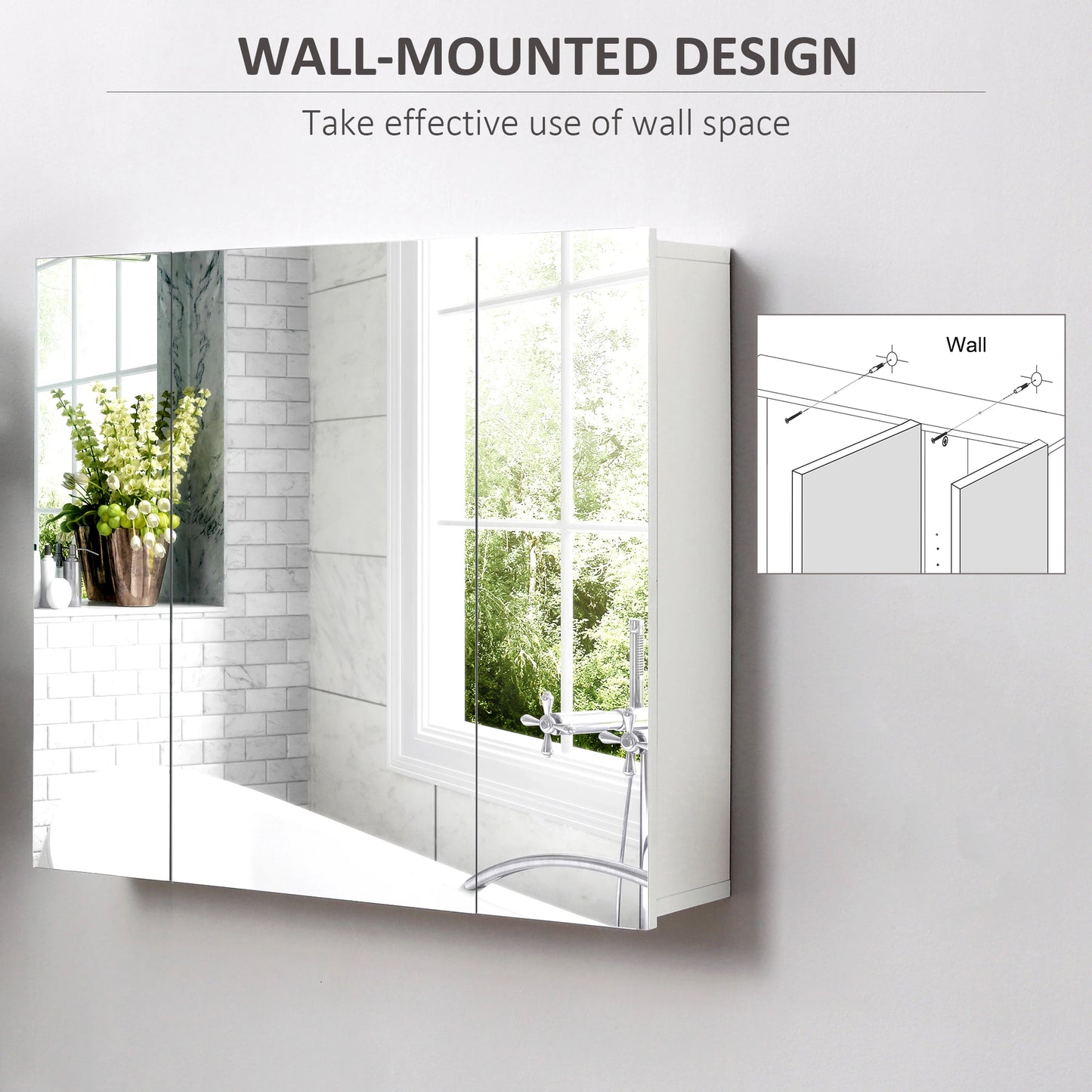 28" x 24" Wall Mounted Mirror Cabinet, 3 Doors, Adjustable Shelves, White Mirror Medicine Cabinets at Gallery Canada