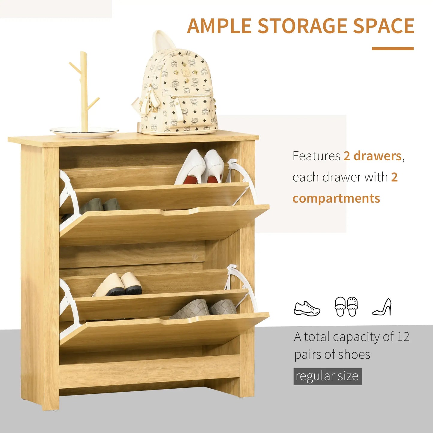 Shoe Storage Cabinet, 2 Flip Drawers, Adjustable Shelves, 12 Pairs, Natural Wood Shoe Storage Cabinets & Racks at Gallery Canada