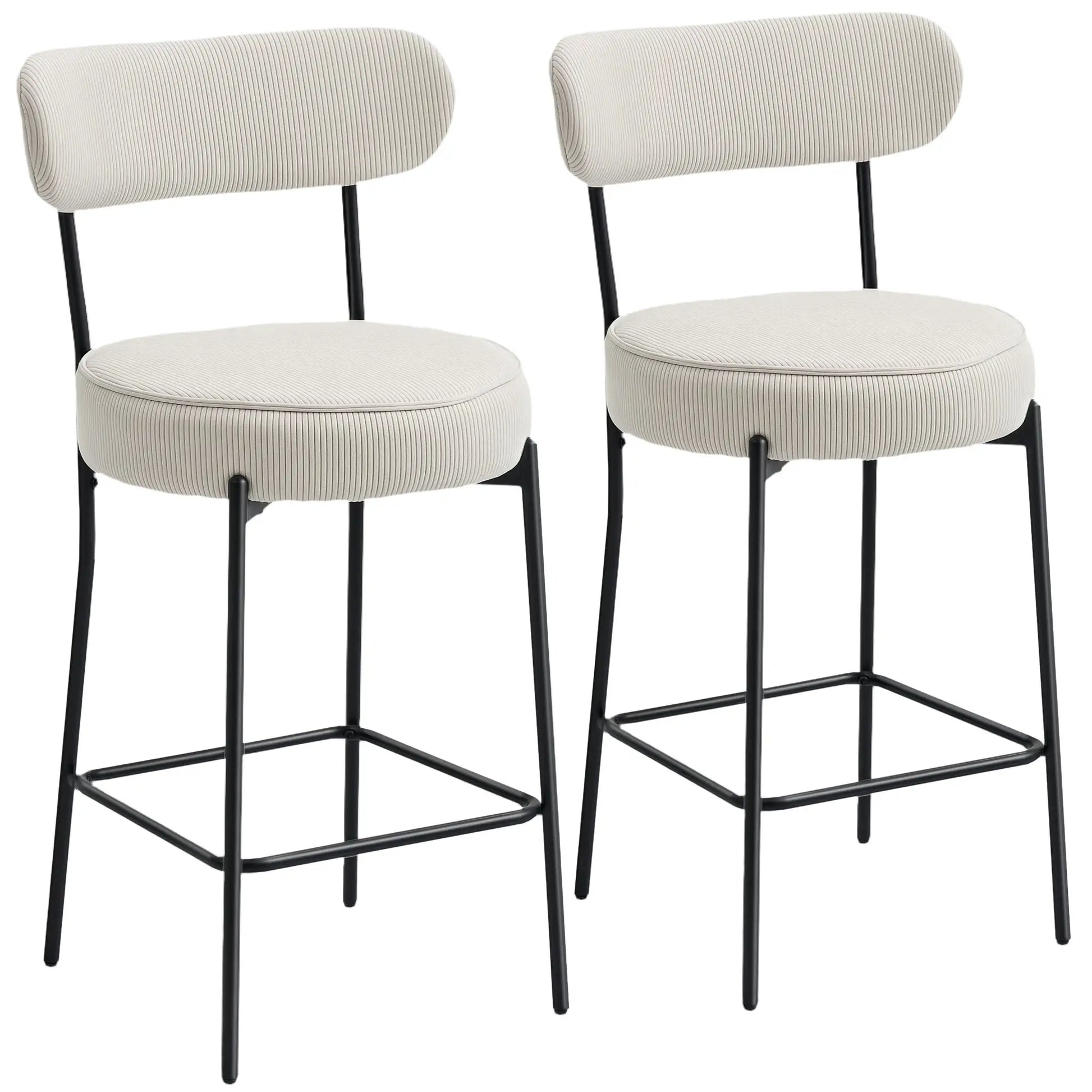 Set of 2 Upholstered Corduroy Barstools with Backrest, Footrest, Cream White Bar Stools at Gallery Canada