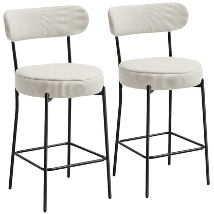 Set of 2 Upholstered Corduroy Barstools with Backrest, Footrest, Cream White Bar Stools at Gallery Canada