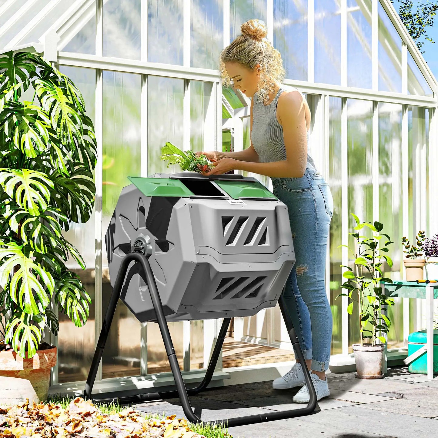 Dual Chamber 43 Gallon Compost Bin, 360 Rotating, Dark Green