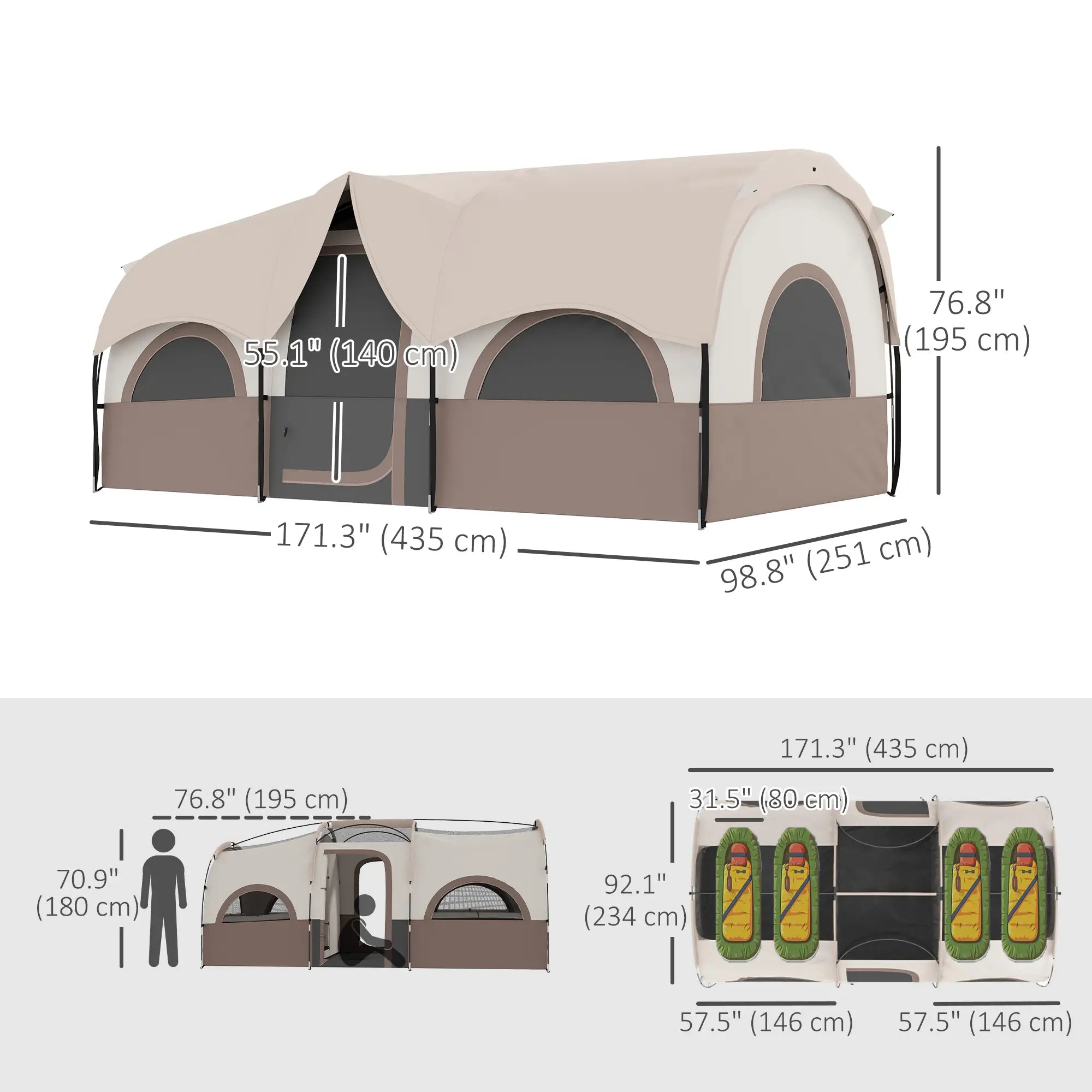 4-6 Person Camping Tent, 3 Room, 3000mm Waterproof, UPF30+, Khaki Camping Tents at Gallery Canada