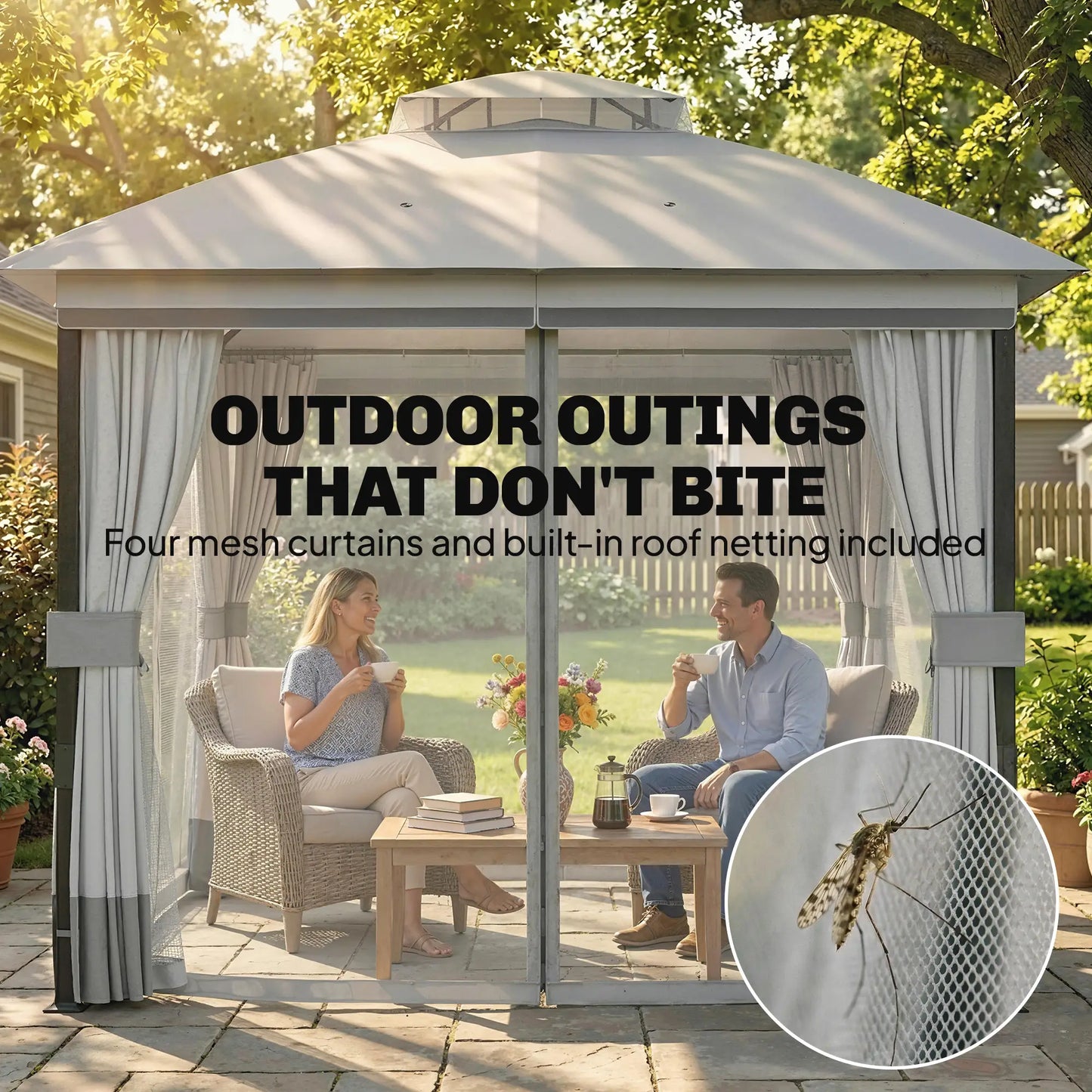 10' x 10' Light Grey Patio Gazebo, UPF50+ Double Roof With Netting, Light Grey Gazebos at Gallery Canada