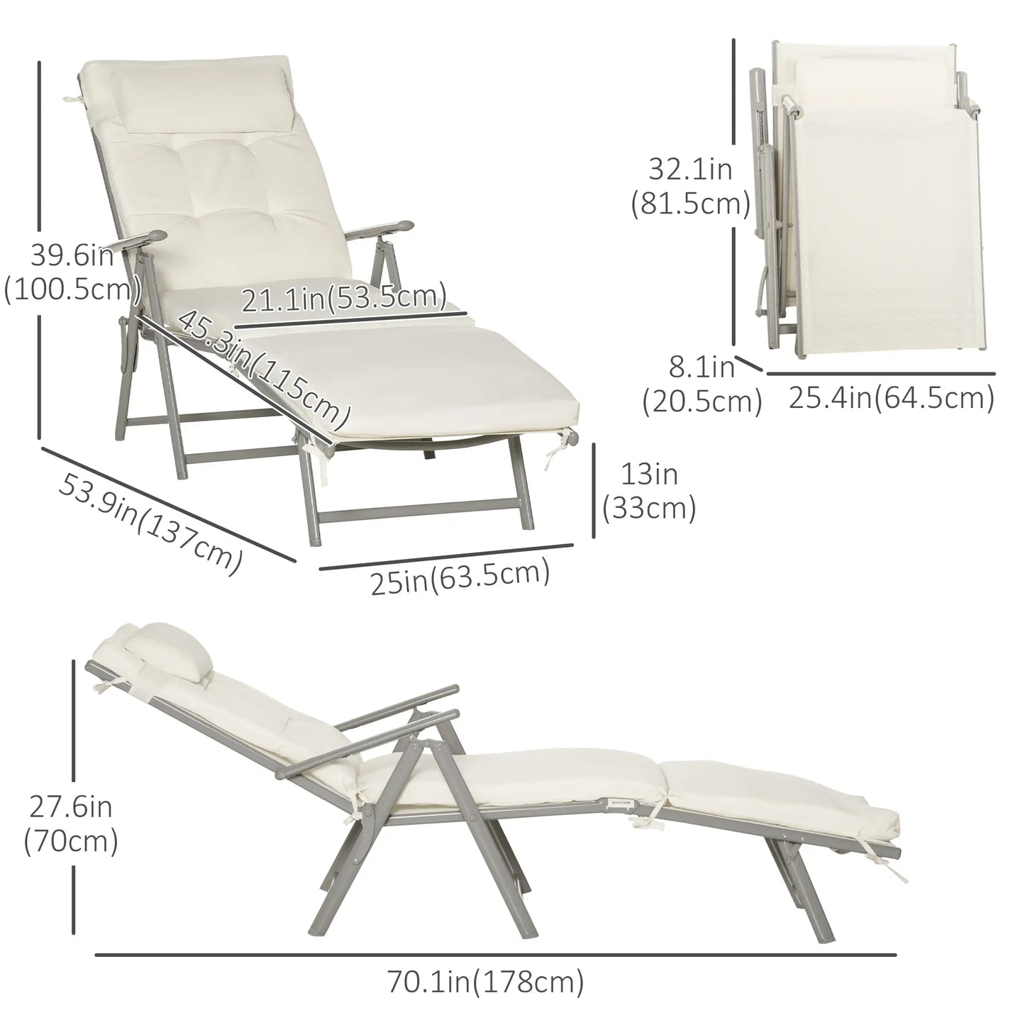 Outdoor Folding Chaise Lounge, Adjustable Backrest, Cream White Lounger Chairs at Gallery Canada