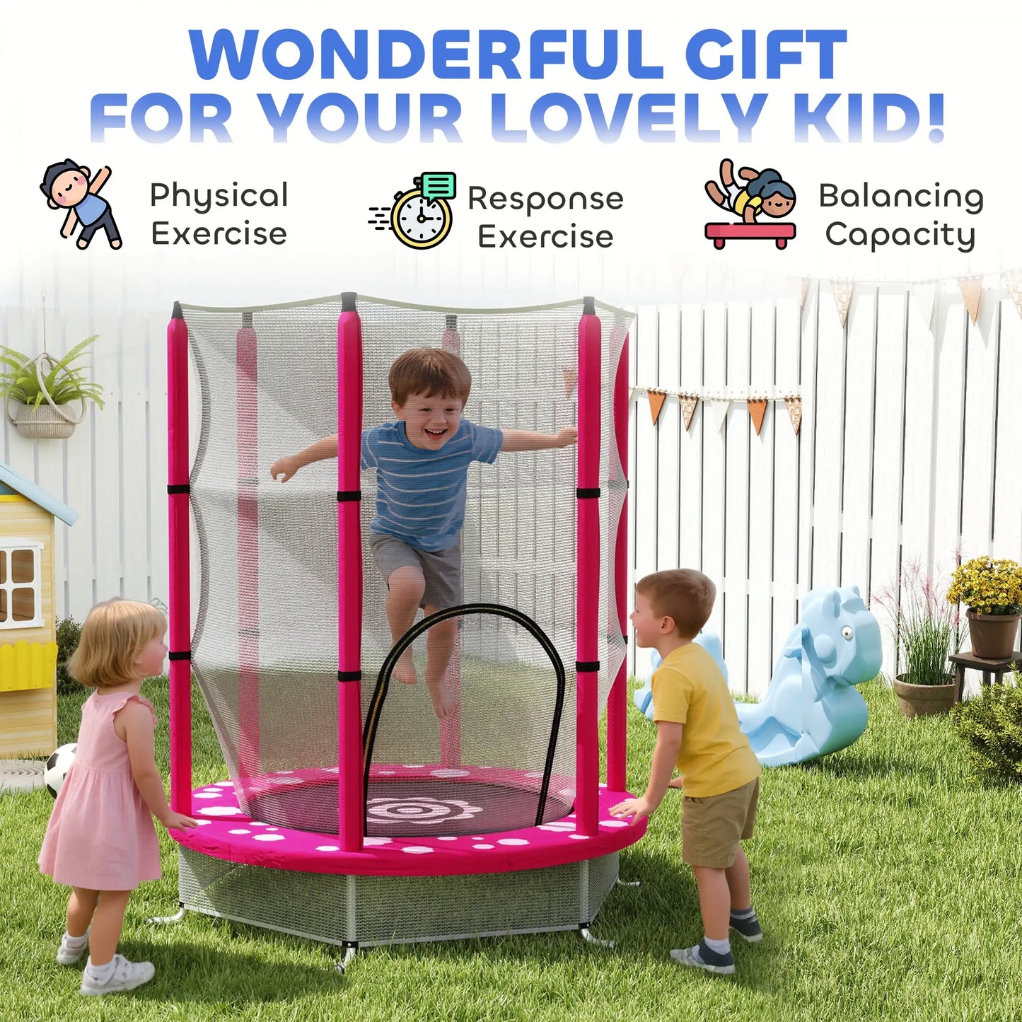 55" Toddler Trampoline, Safety Enclosure Net, Indoor Outdoor, Ages 3-6, Pink Trampolines at Gallery Canada
