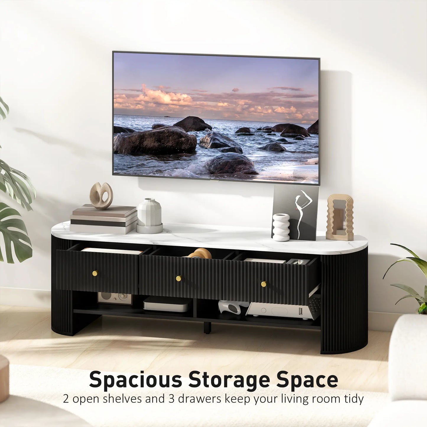 Modern TV Stand, Marble-Effect Top, 3 Drawers, 2 Shelves, 32-65 Inch, Black TV Stands at Gallery Canada