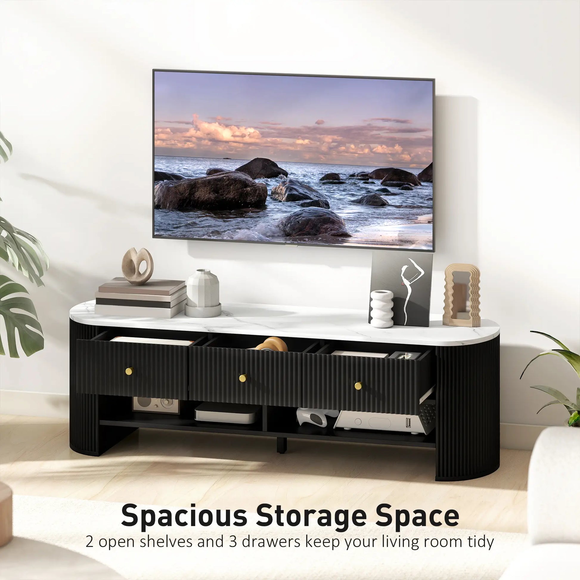 Modern TV Stand, Marble-Effect Top, 3 Drawers, 2 Shelves, 32-65 Inch, Black TV Stands at Gallery Canada