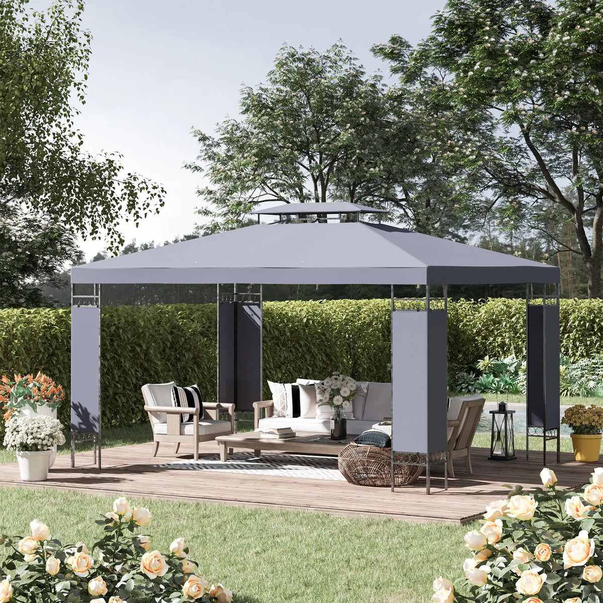 10' x 13' Grey Outdoor Gazebo, Double Roof Patio Canopy Shelter, Grey Gazebos at Gallery Canada