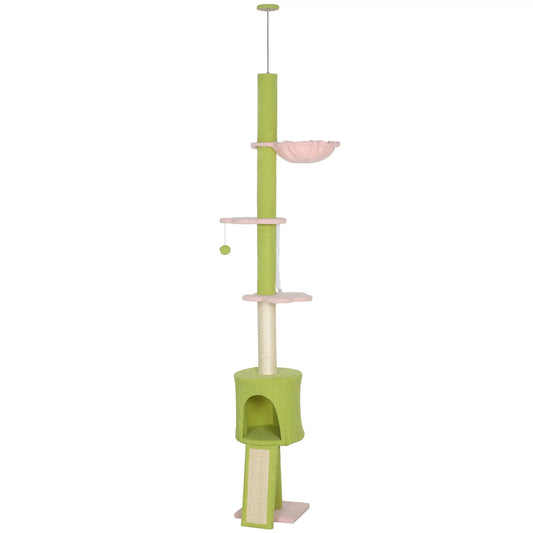 87"-94.5" Cat Tree, Sisal Scratching Post, Condo, Hammock, Ramp, Perches, Green Floor to Ceiling Cat Trees Green, Pink, Cream white at Gallery Canada