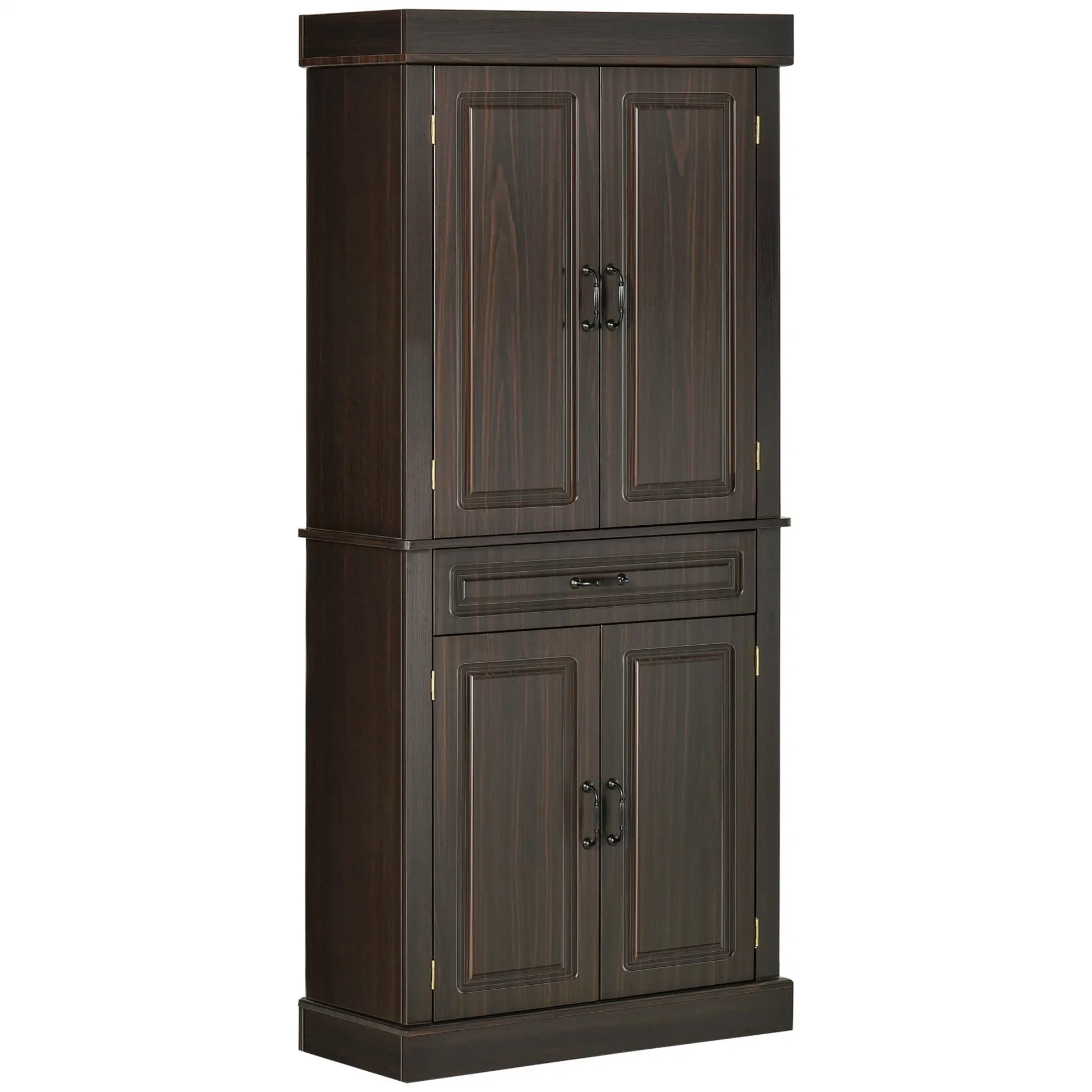 71" Freestanding Kitchen Pantry, 4 Doors 2 Cabinets, Distressed Coffee Kitchen Pantry Cabinets Distressed Coffee at Gallery Canada