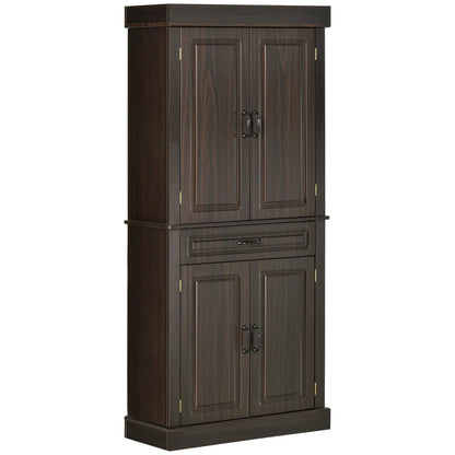 71" Freestanding Kitchen Pantry, 4 Doors 2 Cabinets, Distressed Coffee Kitchen Pantry Cabinets Distressed Coffee at Gallery Canada