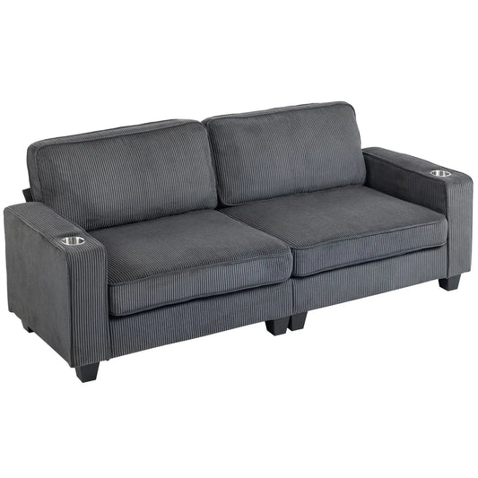 Three Seater Sofa, Fabric Couch with Spring Cushion, Cup Holders, Dark Grey 3-Seater Sofas Dark Grey at Gallery Canada