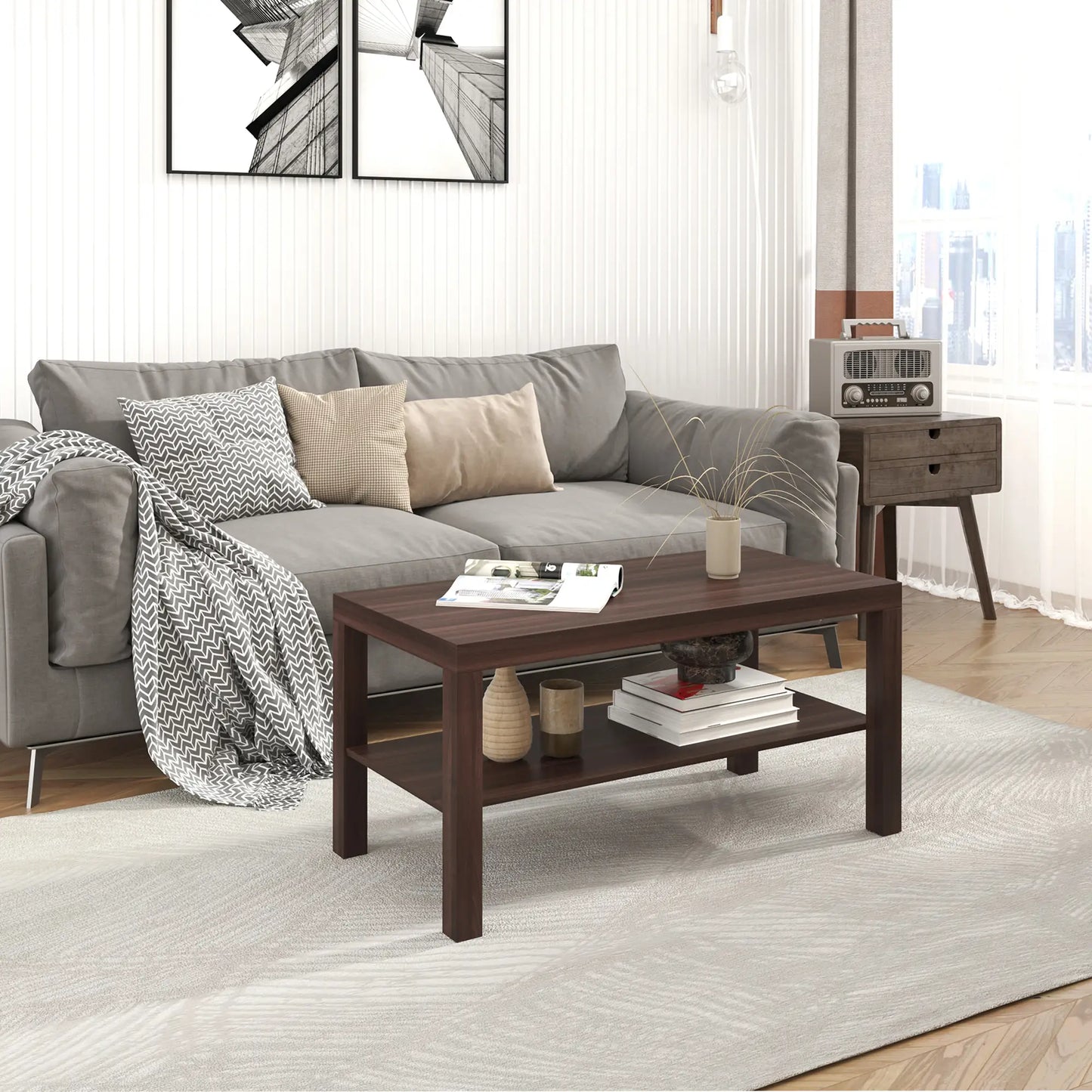 2 Tier Coffee Table with Storage Shelf, Rectangular Center Table for Living Room, Home Office Furniture Walnut Coffee Tables at Gallery Canada