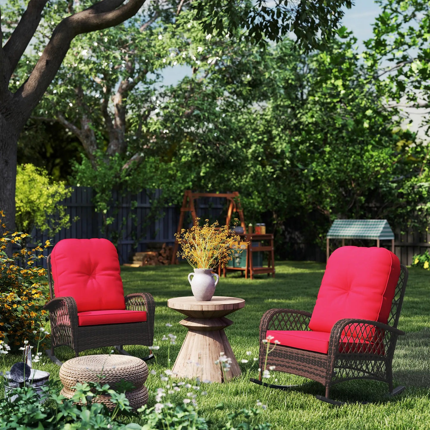 Outdoor Wicker Rattan Rocking Chair Set, Patio Rocker with Cushions, Red Outdoor Rocking Chairs at Gallery Canada