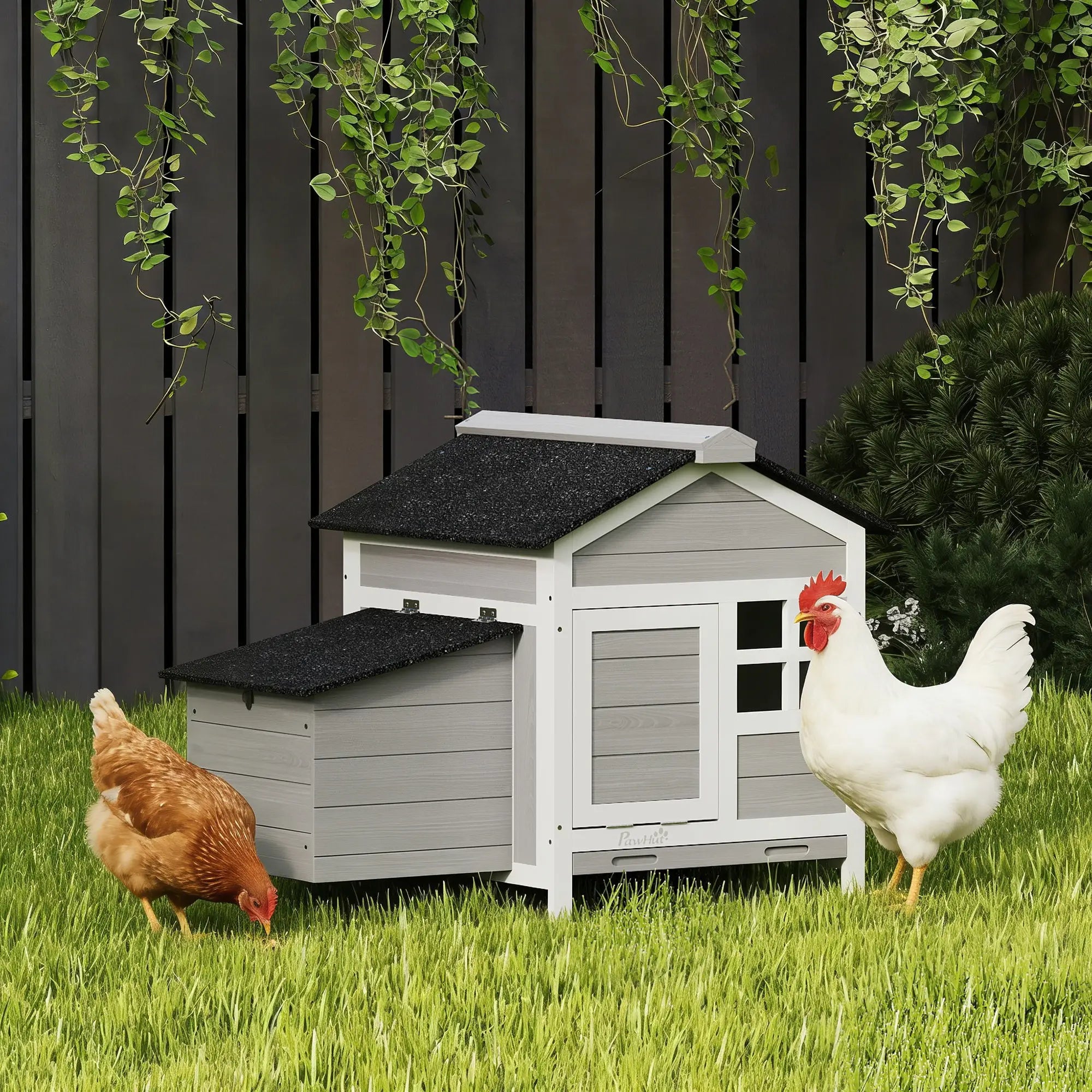 Wooden Chicken Coop With Nesting Box, Pull-Out Metal Tray, 36