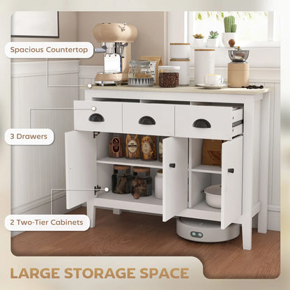 40" Sideboard Buffet Cabinet, 3 Drawers, 2 Adjustable Shelves, White