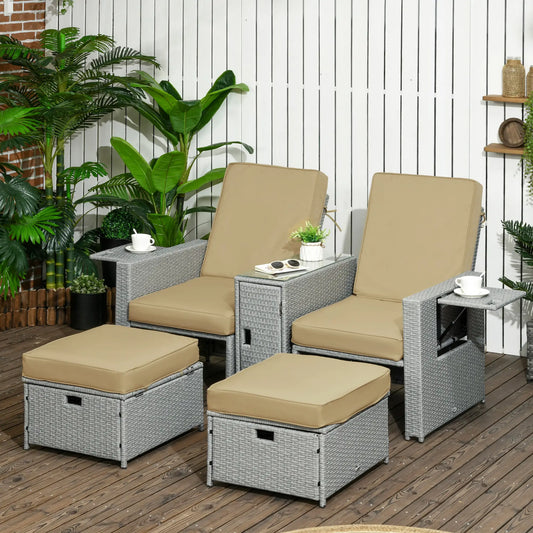 5PC Wicker Patio Lounger, Adjustable Recliner Sofa Bed, Storage Side Table, Footstools, Khaki Chaise Loungers Khaki, Beige at Gallery Canada
