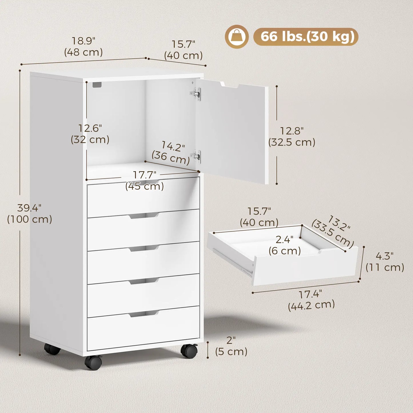Mobile File Cabinet, 5 Drawers, White