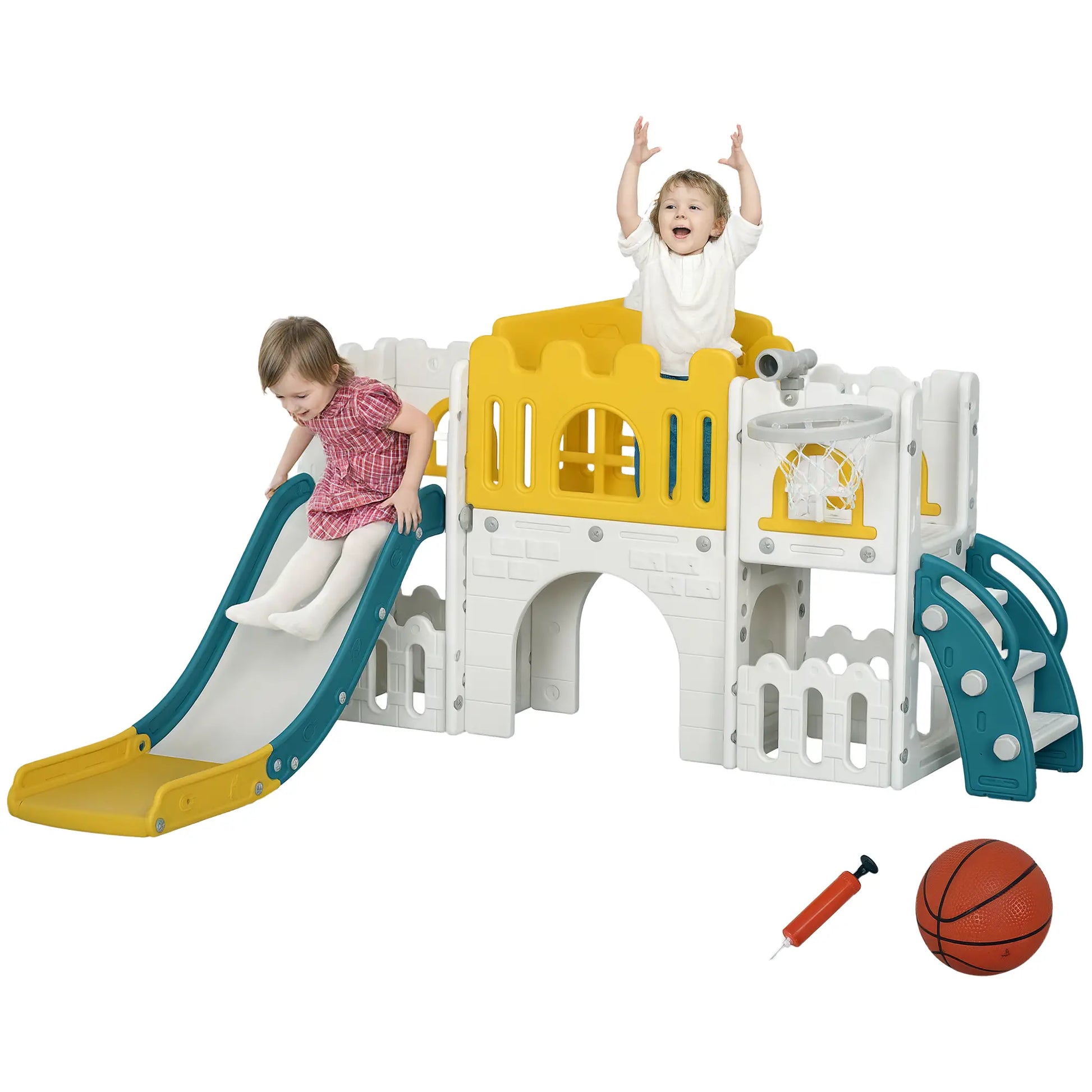 7 in 1 Toddler Slide, Basketball Hoop, Climber, Telescope, Yellow Gym Sets & Swings at Gallery Canada