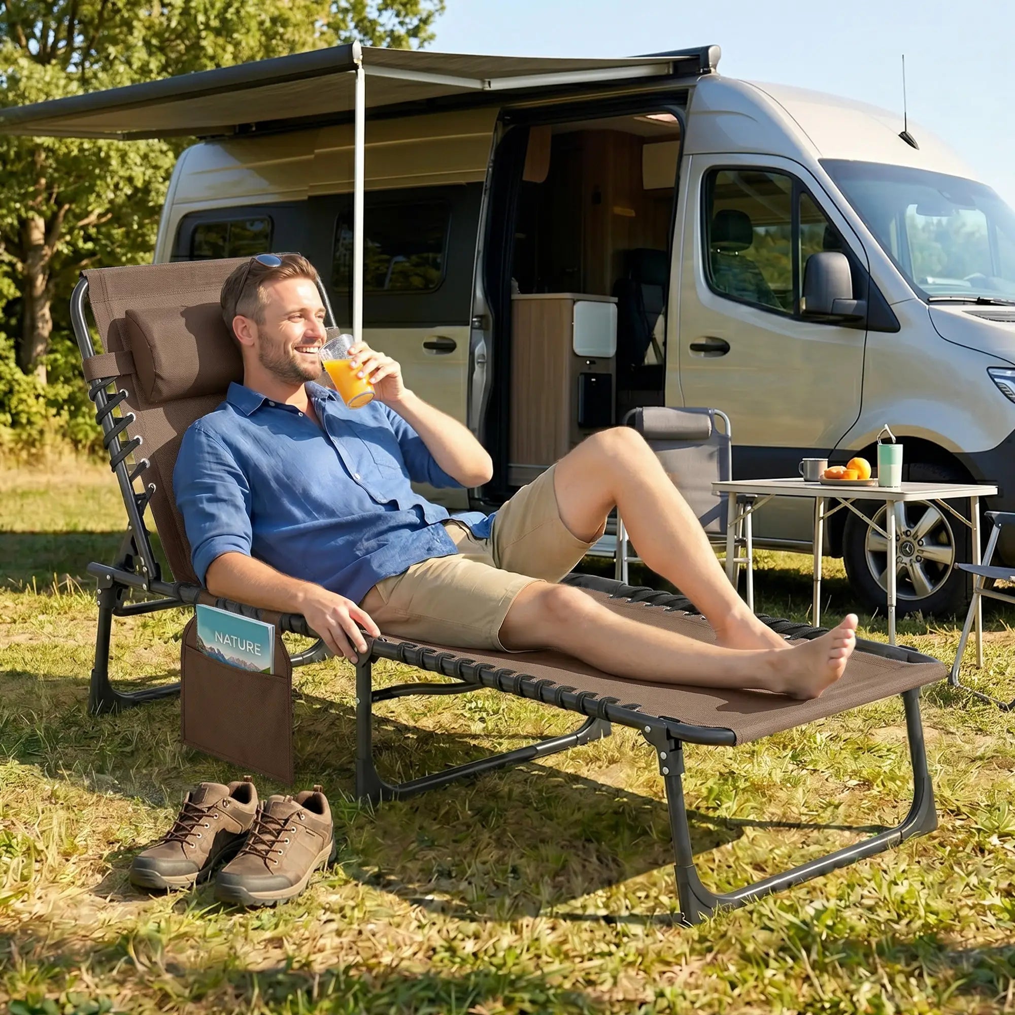 Outdoor Folding Chaise Lounge, Adjustable Backrest, Removable Pillow, Brown Lounger Chairs at Gallery Canada