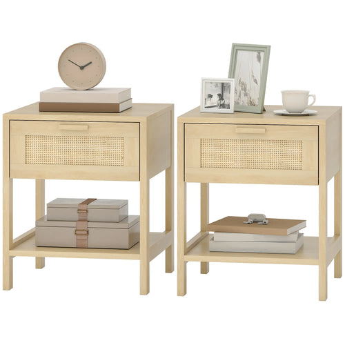 Narrow Nightstand With Rattan, Drawer And Shelf, Set Of 2, Natural Wood