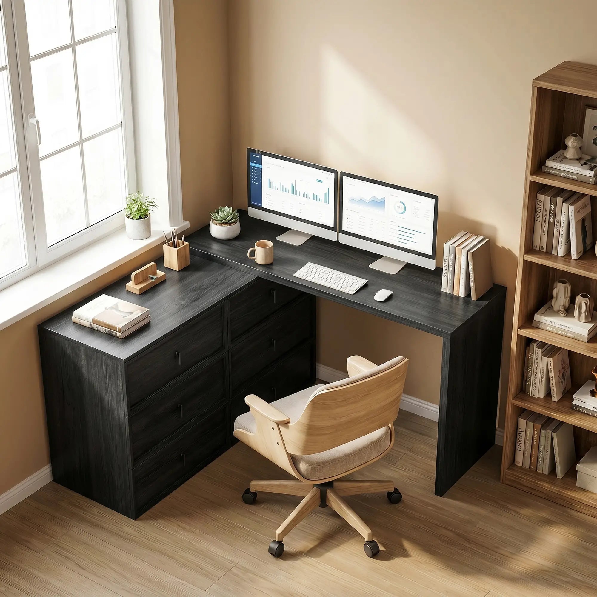 L Shaped Computer Desk, 6 Drawers, Wood Grain, Black Computer Desks at Gallery Canada