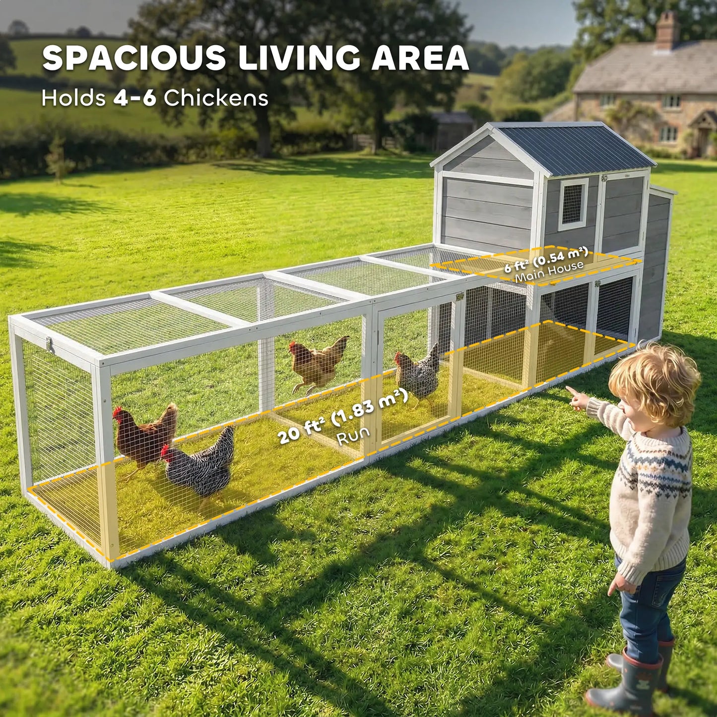 Large Chicken Coop, 134"L Wooden House With Run, Nesting Box, Slide-Out Tray Chicken Coops at Gallery Canada