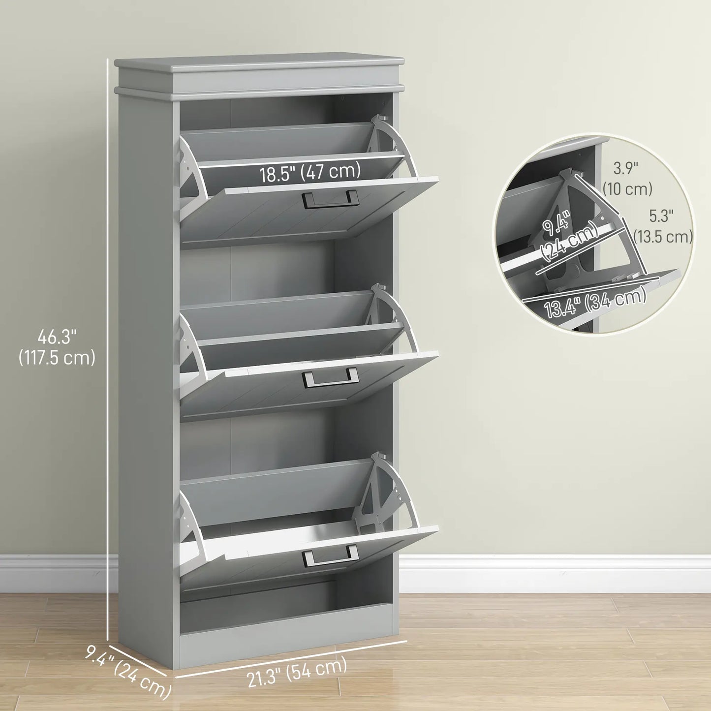 Slim Shoe Cabinet with 3 Flip Drawers and Adjustable Shelves, Narrow Shoe Cabinet for 15 Pairs of Shoes, Grey Shoe Storage Cabinets & Racks at Gallery Canada