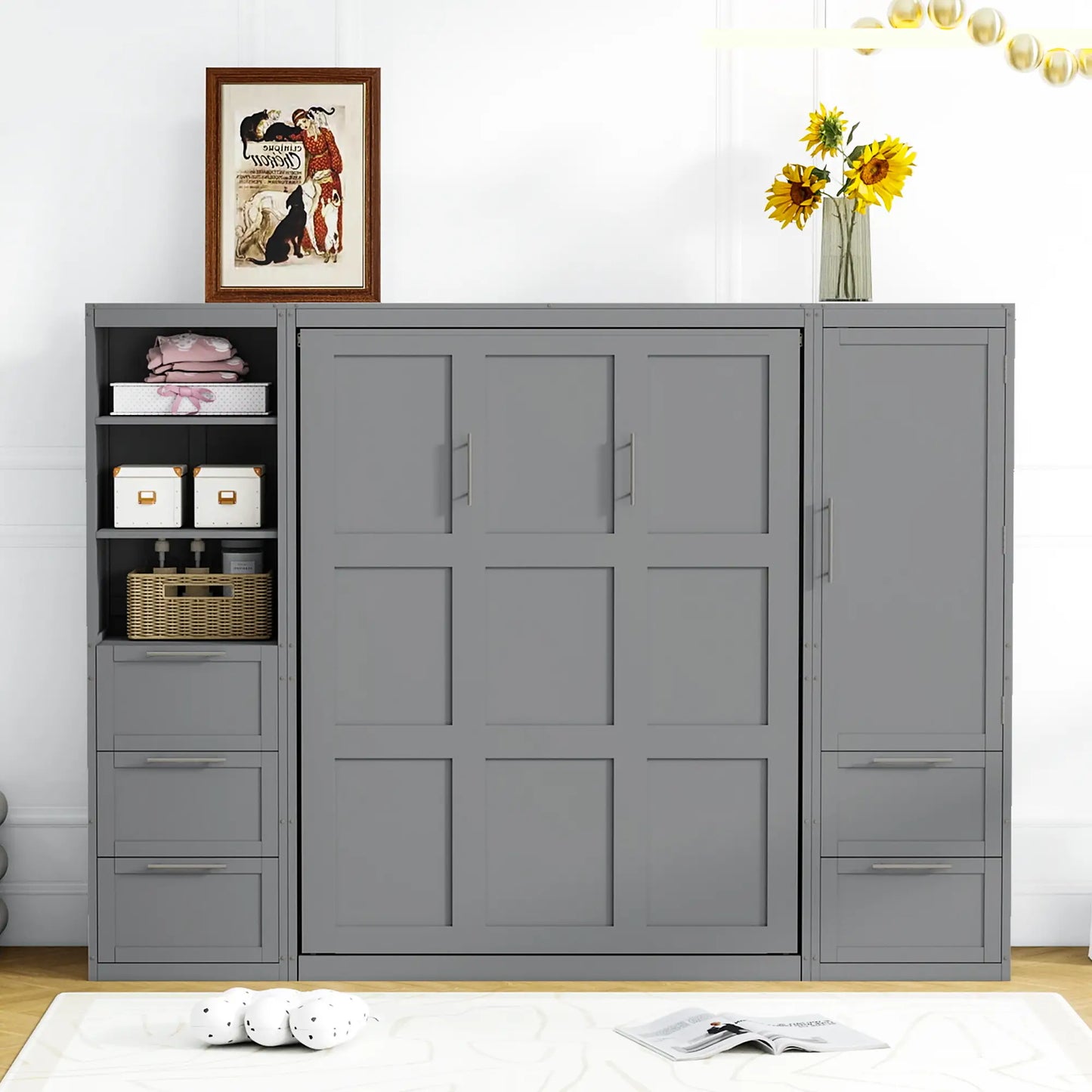 Murphy Bed with Closet, Drawers, Shelves, 120" L x 20" W x 88.5" H, Grey Bed Frames at Gallery Canada