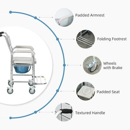 3-in-1 Shower Commode Wheelchair, Padded Seat, Elderly Disabled Transport Chair Bath Chairs at Gallery Canada
