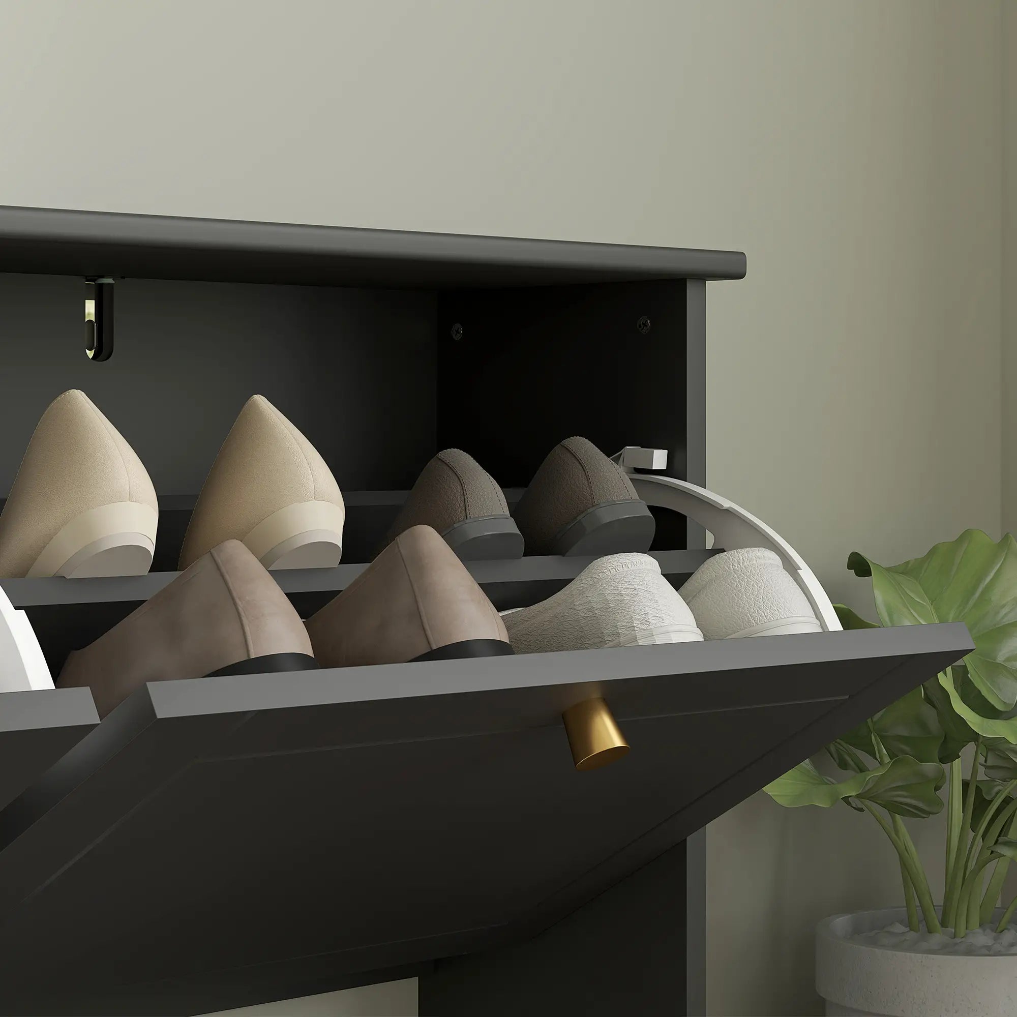 Modern Shoe Storage Cabinet, 4 Flip Drawers, Adjustable Shelves, 5 Legs, Black Shoe Storage Cabinets & Racks at Gallery Canada