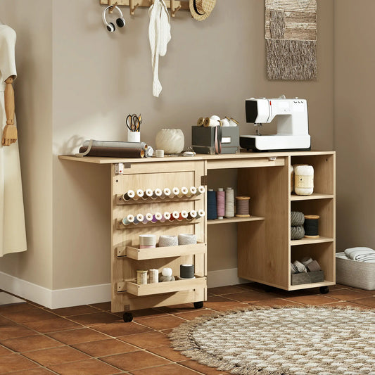 Table de machine à coudre avec abattant, porte en rotin, étagères de rangement, naturel