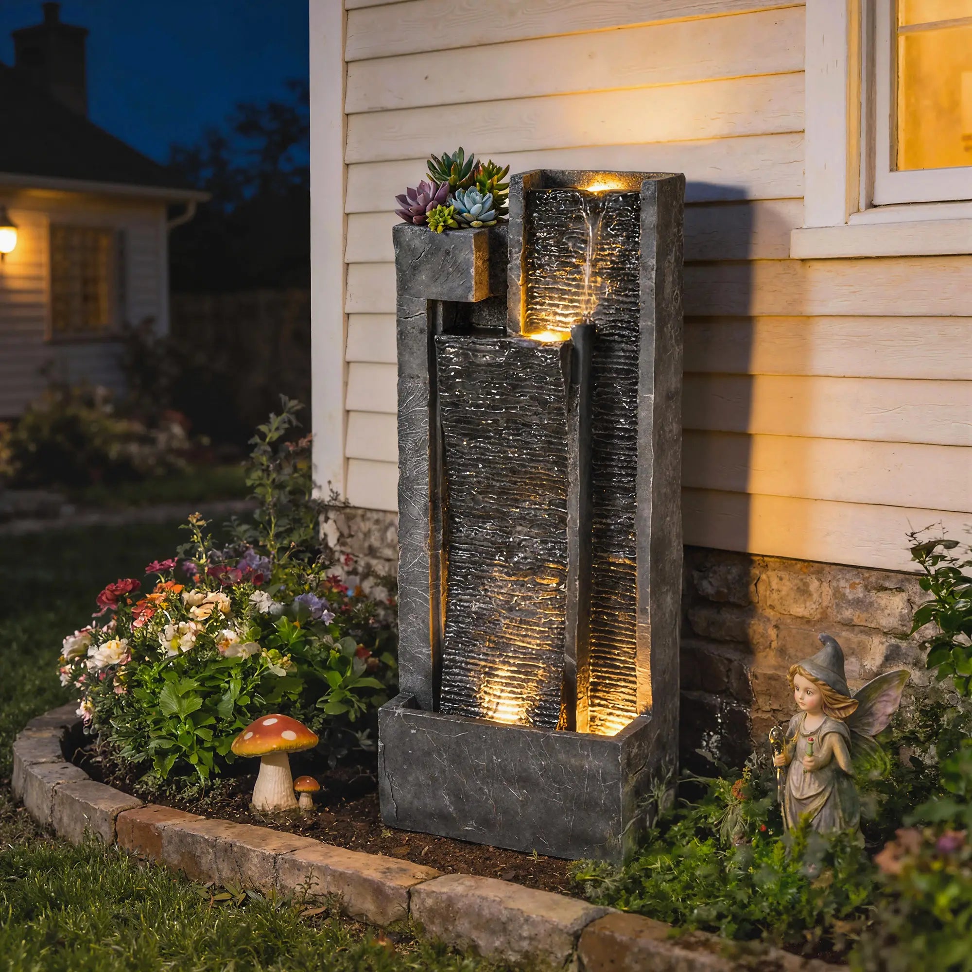 3-Tier Outdoor Water Fountain With LED Lights, Planter, Pump, Dark Grey Water Fountains at Gallery Canada