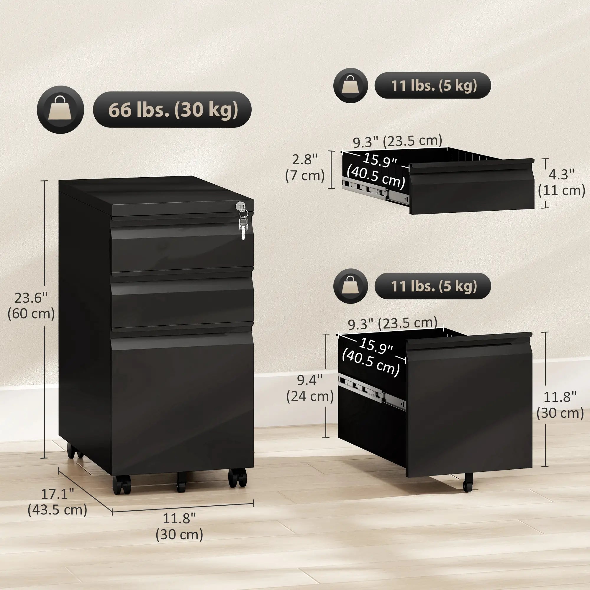 3 Drawer Filing Cabinet with Lock, Steel Office Storage, Black Office Cabinets & Cupboards at Gallery Canada