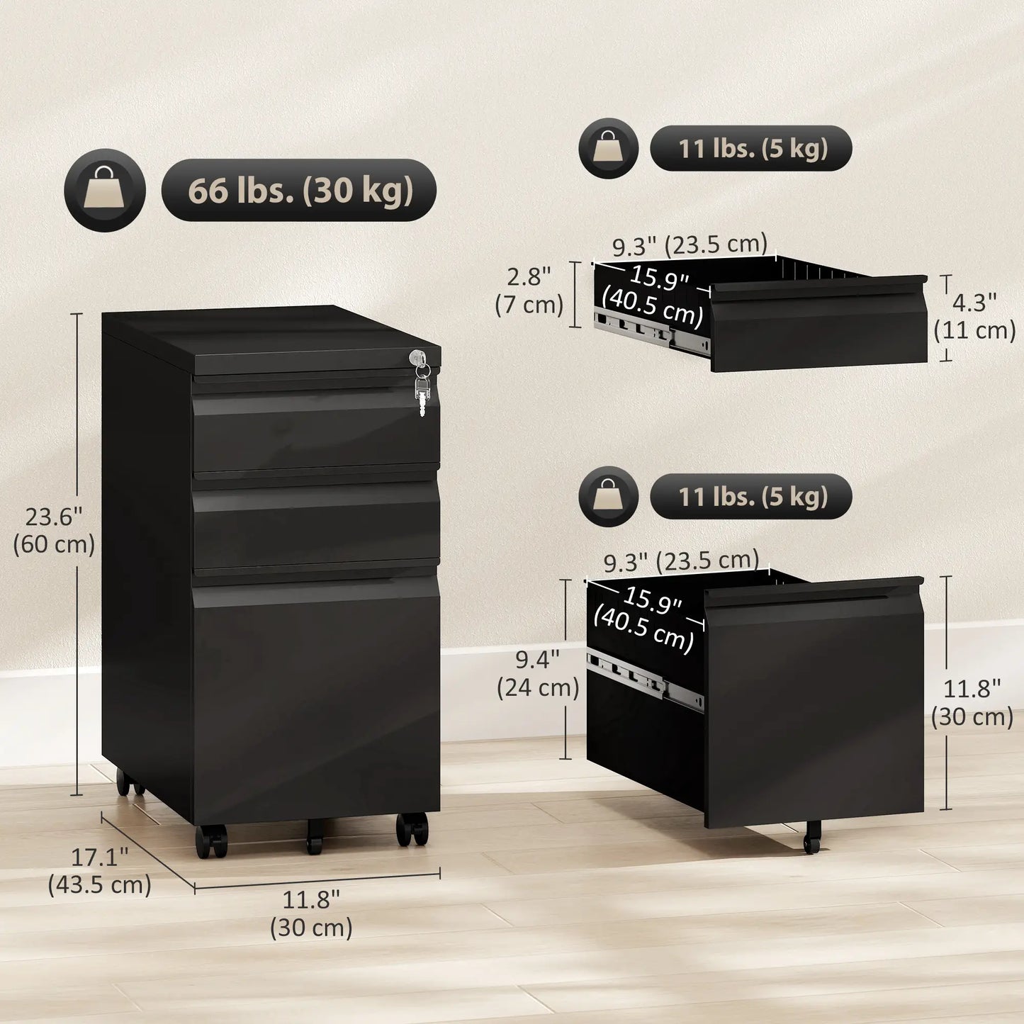 3 Drawer Filing Cabinet with Lock, Steel Office Storage, Black Office Cabinets & Cupboards at Gallery Canada