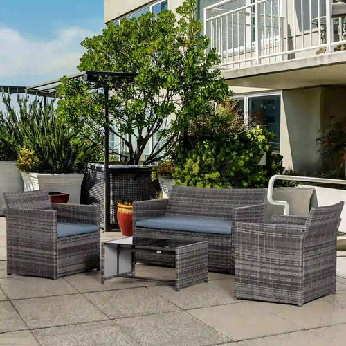 4-Piece Patio Furniture Set with Cushions, Outdoor PE Rattan Sofa, 2 Chairs, Glass Table, Grey