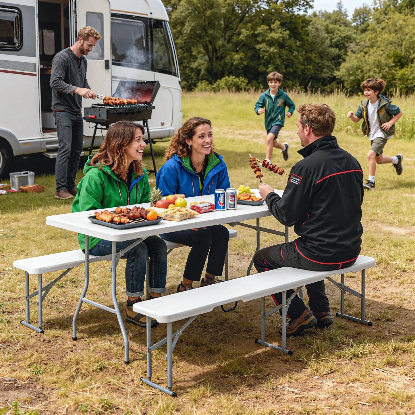 6FT Portable Camping Table Bench Set, Folding Picnic Table with 2 Benches, White Picnic Tables & Camping Chairs at Gallery Canada