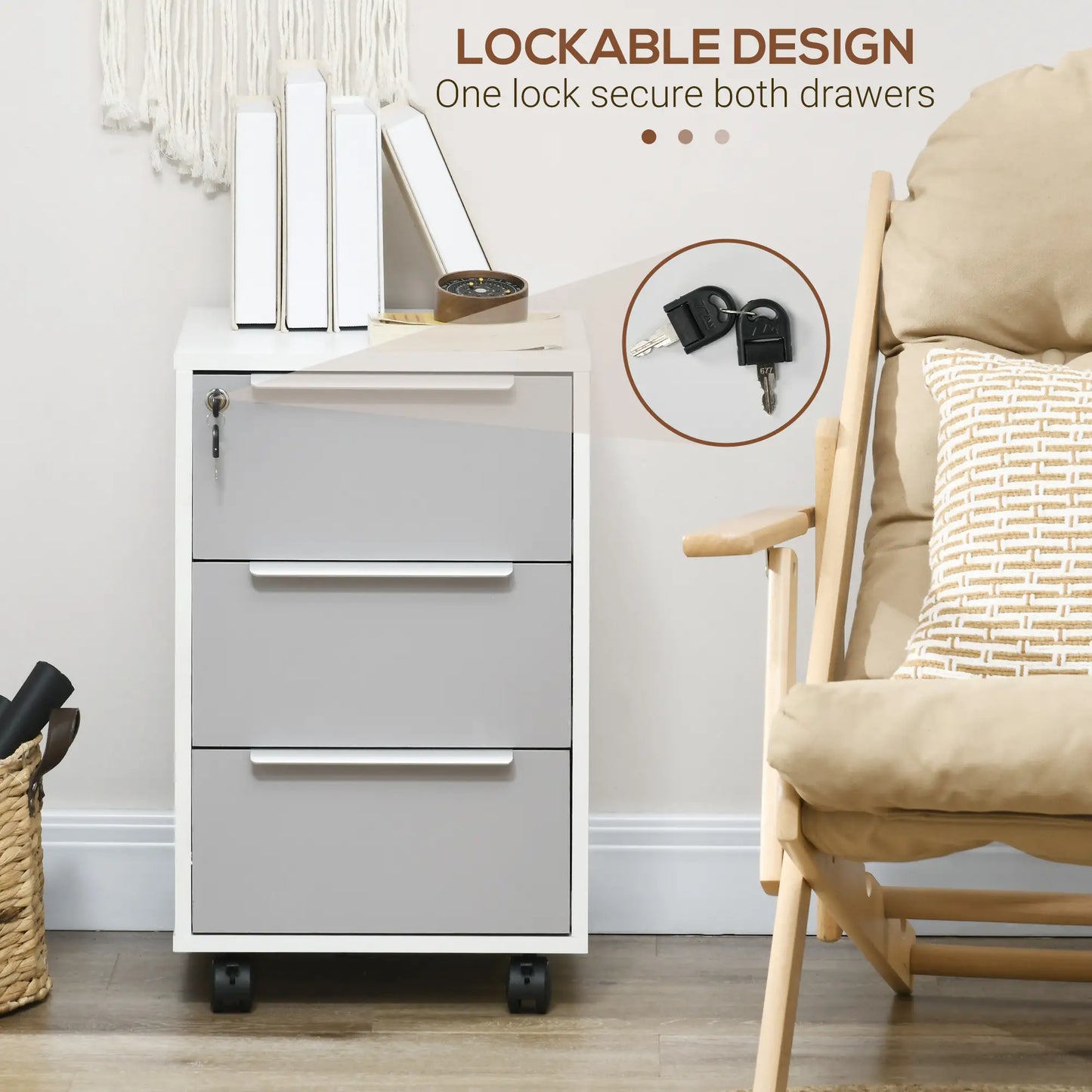 3 Drawer File Cabinet with Wheels, Vertical, Lock, Grey Office Cabinets & Cupboards at Gallery Canada
