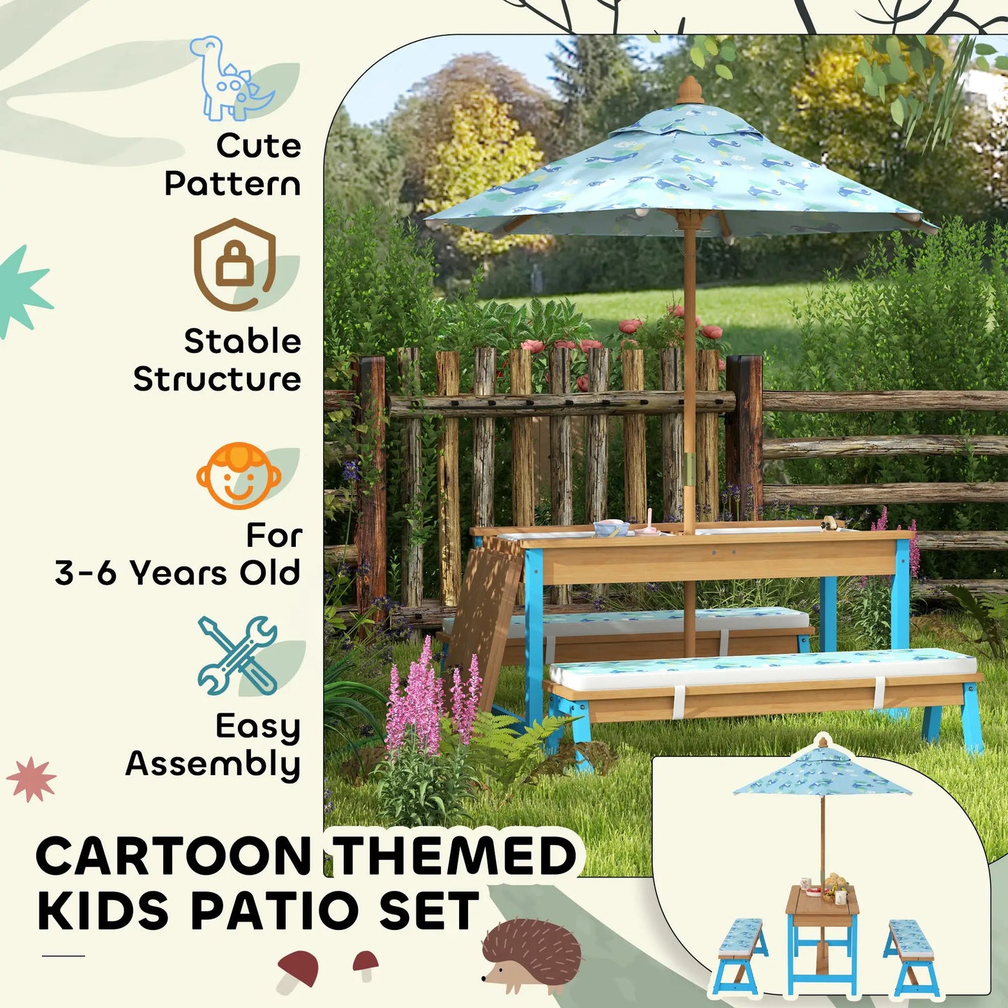 Kids Picnic Table Bench Set with Umbrella, Cushions, Boxes, Dinosaur Theme, Blue Kids Outdoor Furniture at Gallery Canada