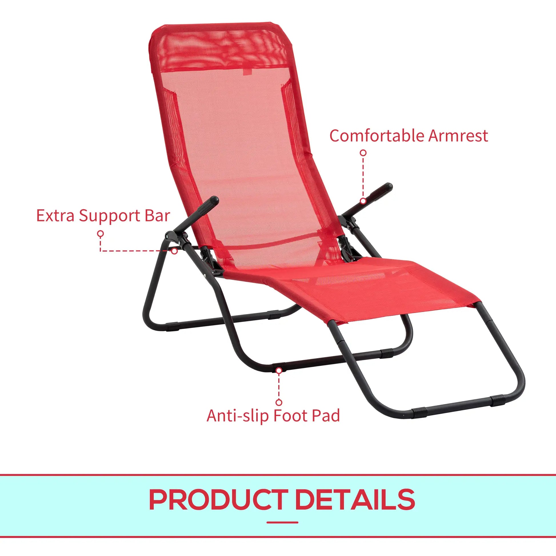 Foldable Patio Lounge Chair, Outdoor Beach Lounger, Breathable Mesh, Zero Gravity, Reclining, Footrests, Armrests, Garden, Pool, Red Lounger Chairs at Gallery Canada