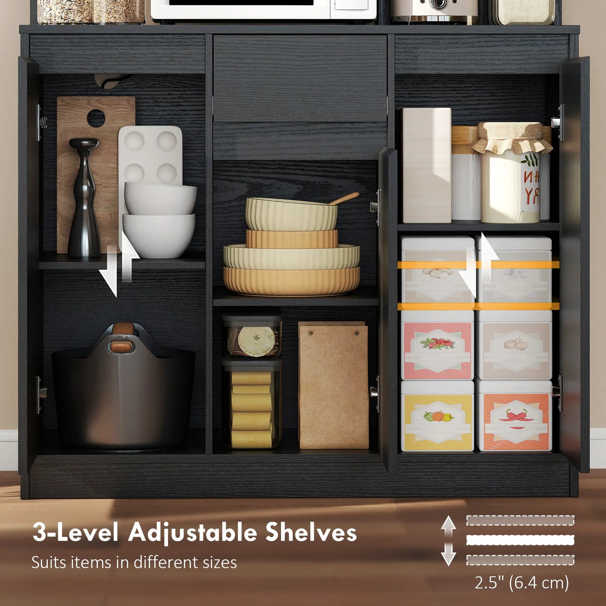 71 Inch Pantry Cabinet with Charging Station, Microwave Stand, Black Kitchen Pantry Cabinets at Gallery Canada