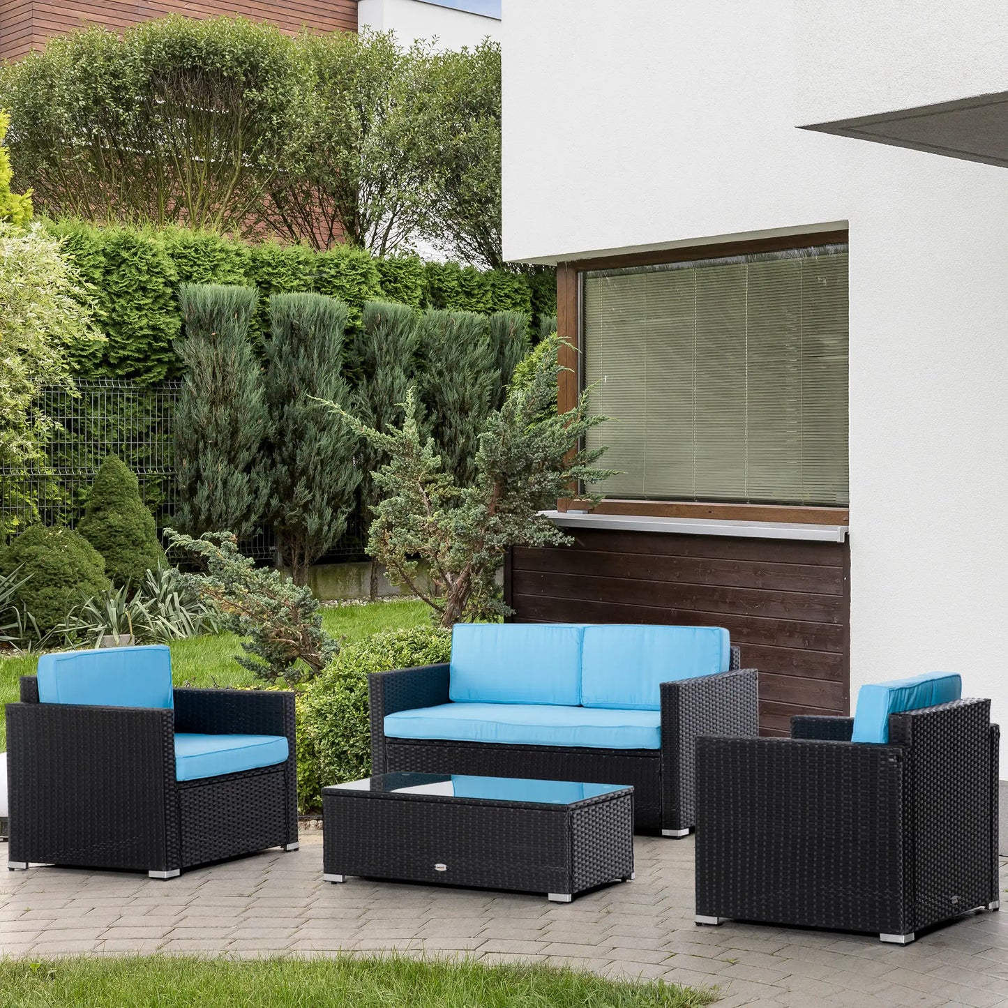 4-Piece Wicker Patio Set, Thick Cushions, PE Rattan Sofa, Glass Table, Sky Blue Patio Furniture Sets at Gallery Canada