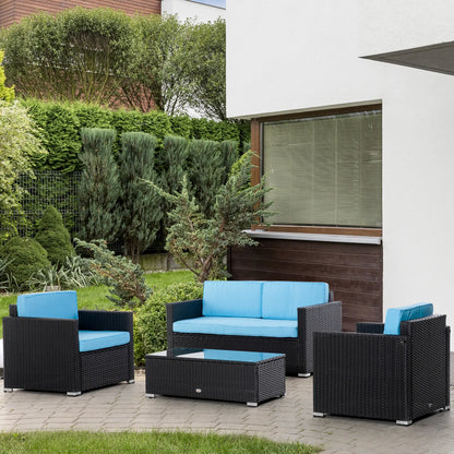 4-Piece Wicker Patio Set, Thick Cushions, PE Rattan Sofa, Glass Table, Sky Blue Patio Furniture Sets at Gallery Canada