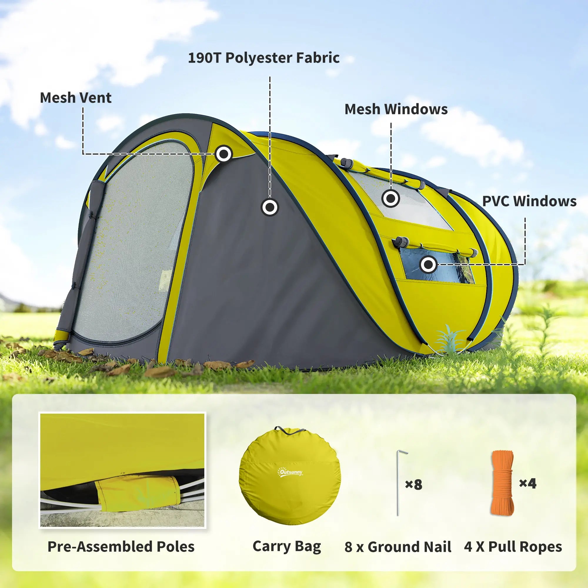 4 Person Camping Tent, Automatic Setup, Yellow Camping Tents at Gallery Canada